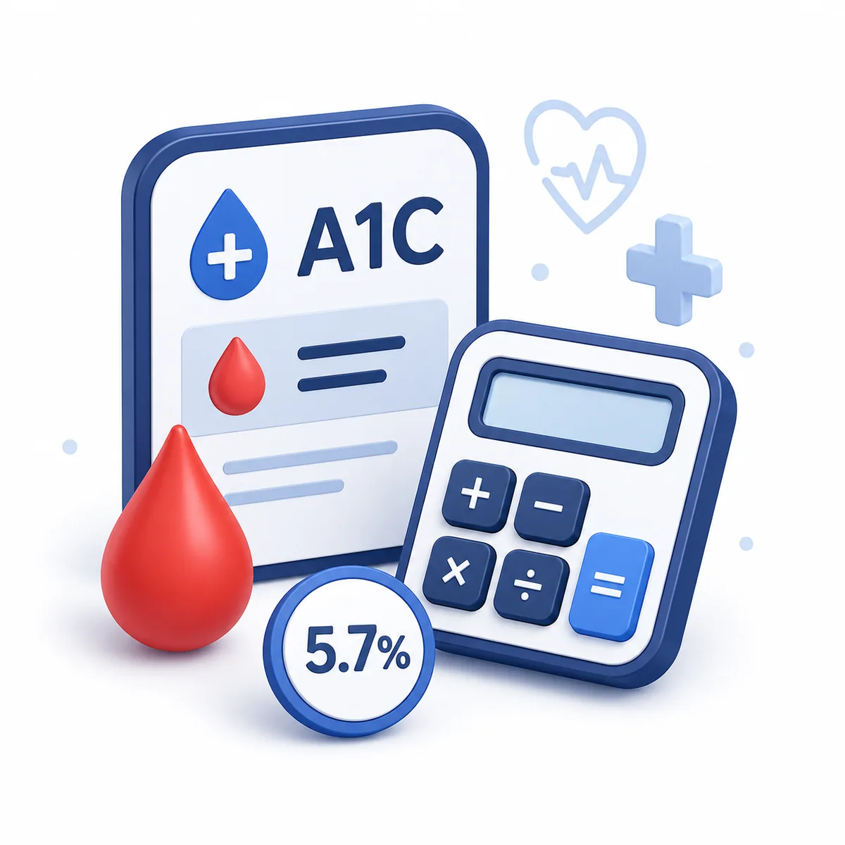 A1C Calculator illustration 3D illustration for the A1C Calculator with blood drops, a percentage result, health icons, and a calculator.