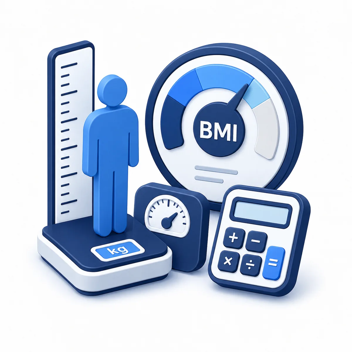 BMI Calculator illustration 3D illustration for the BMI Calculator with a height scale, weight scale, BMI gauge, and a calculator.