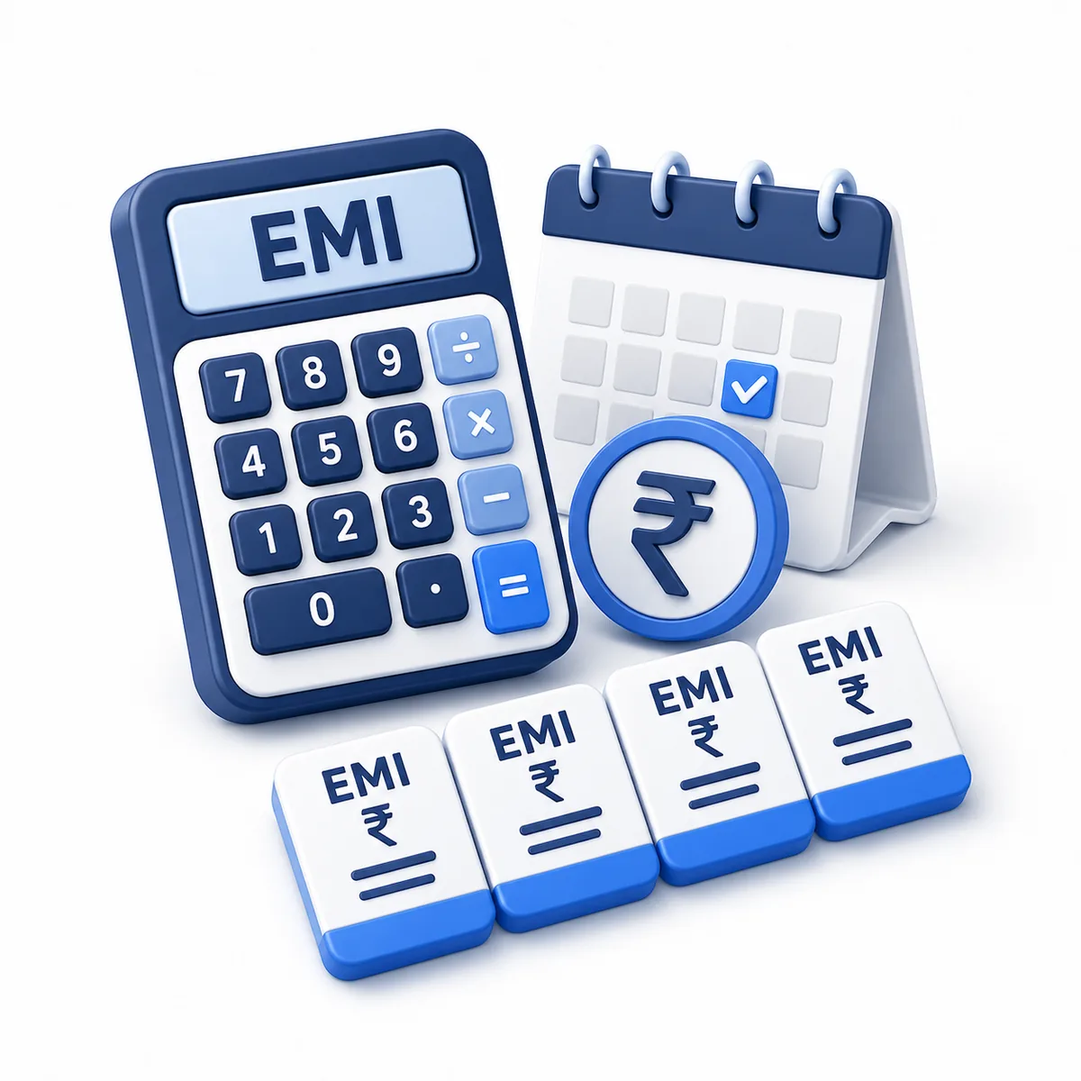 EMI Calculator illustration 3D illustration for the EMI Calculator with payment cards, a calendar, rupee coin, and a calculator.
