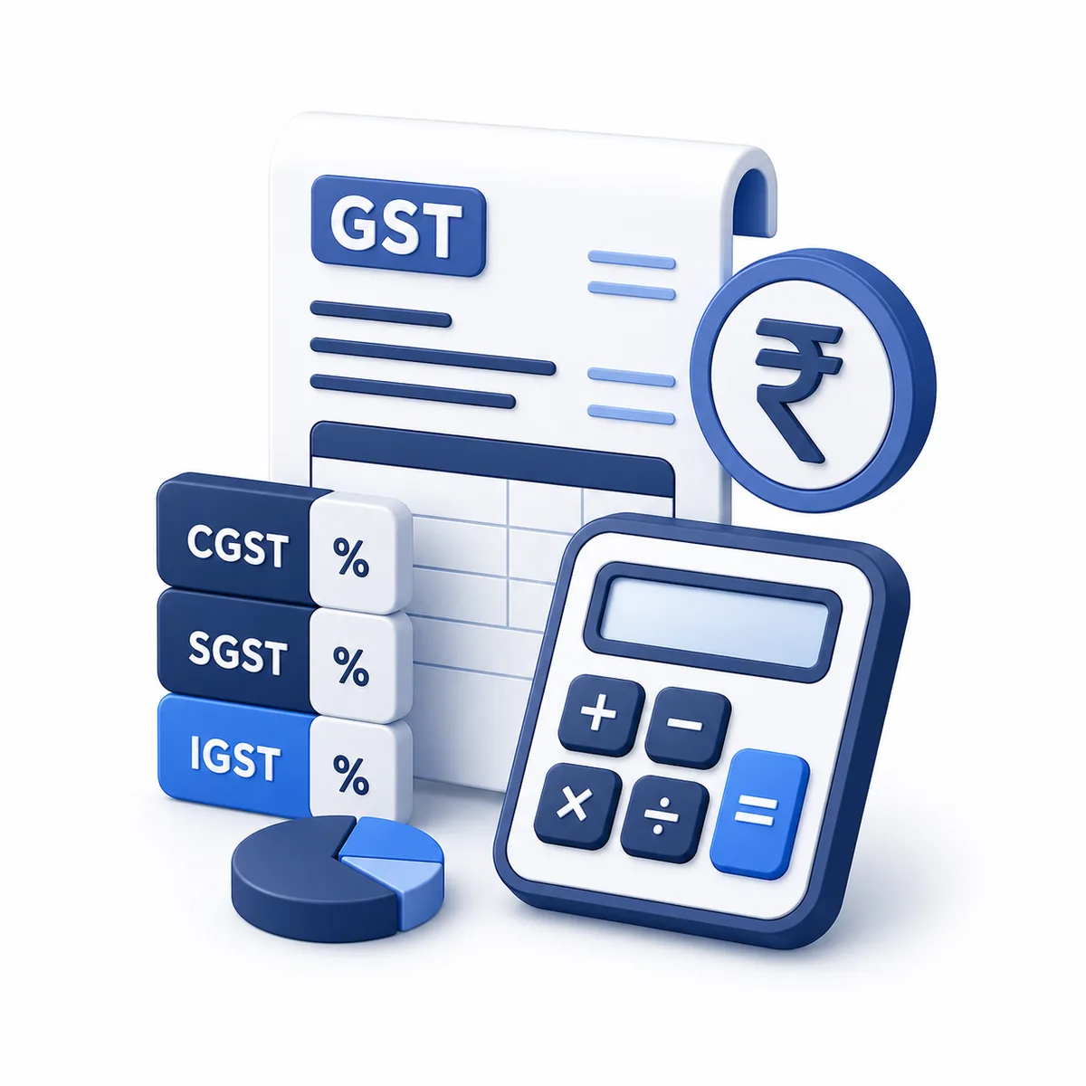 GST Calculator illustration 3D illustration for the GST Calculator with a GST invoice, CGST, SGST, IGST tiles, rupee coin, and calculator.