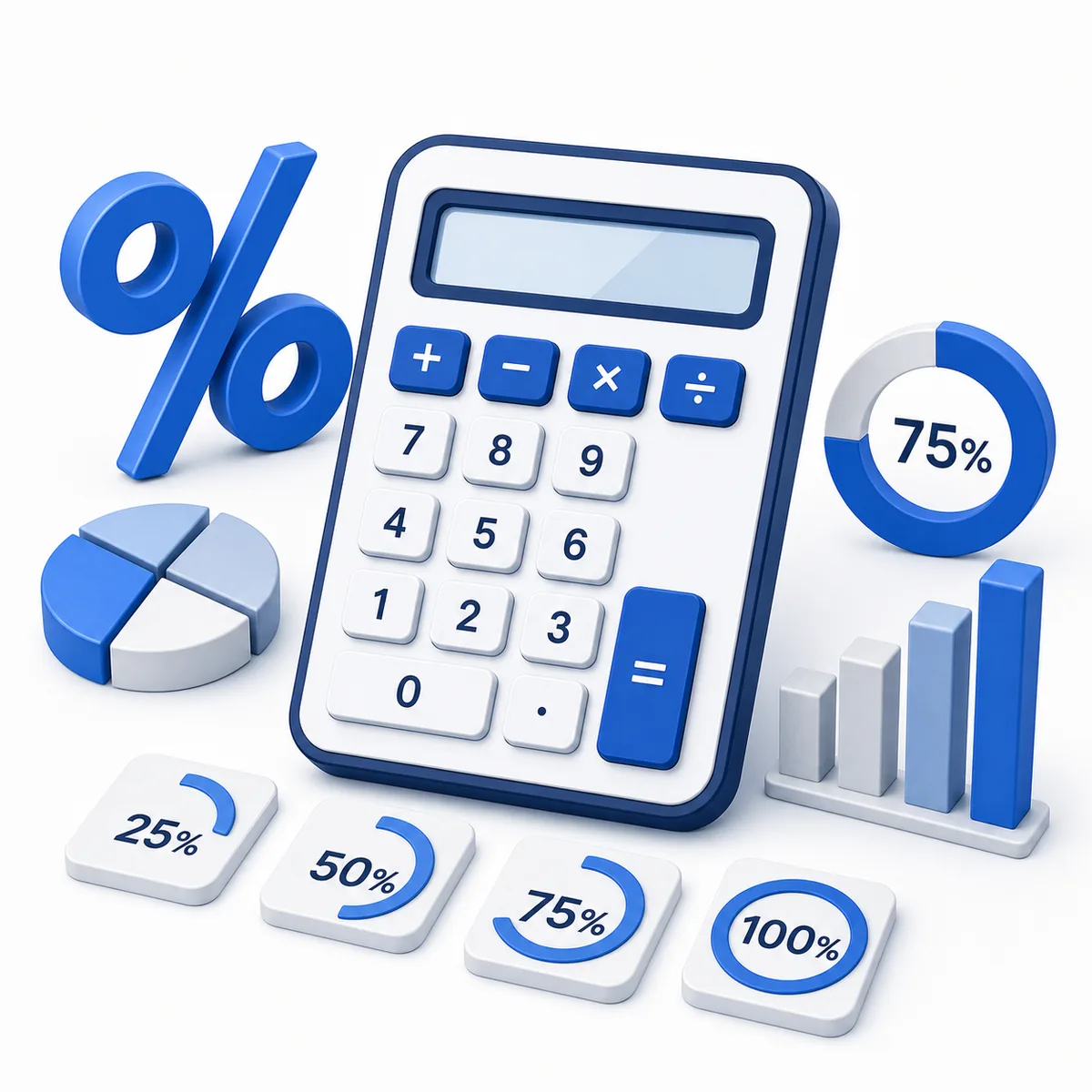 Percentage Calculator illustration 3D illustration for the Percentage Calculator with a calculator, percent sign, charts, and progress rings.